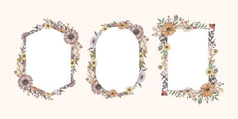 Hand Drawn Autumn Flower and Leaves Frame Background