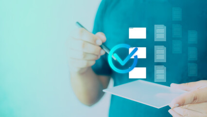 Man writing or tick correct mark to approve document and folder online, document folder,...