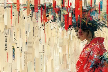 Naklejka premium Abstract painting of a woman in a red kimono with colorful lines and geometric shapes