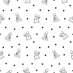 Cute chess pawn with happy face. Seamless pattern. Coloring Page. Cartoon kawaii character. Hand drawn style. Vector drawing. Design ornaments.