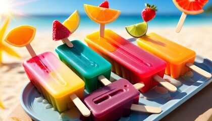 Variety of bright, colorful popsicles with fruit garnishes on a tray at the beach, capturing the essence of summer fun and refreshing treats.. AI Generation