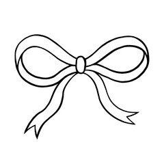 Vector illustration of a bow on a white background. A single element, a festive ribbon bow. Doodle drawing, black line, linear drawing. Theme of holiday, gifts and parties.