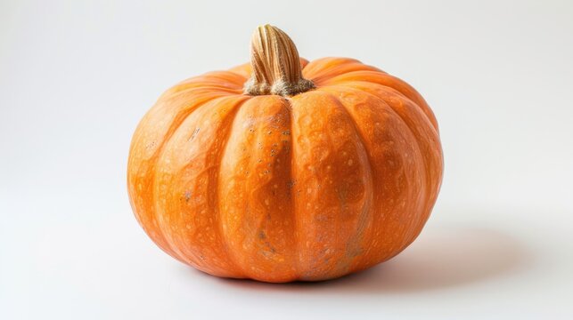 A freshly harvested orange pumpkin positioned centrally on a white background, creating a striking contrast.