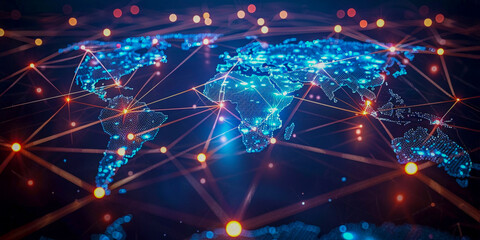 Obraz premium Concepto abstracto de red global con mapa mundial brillante y conexiones sobre fondo oscuro, diseño de tecnología digital para Internet de las cosas o ciudad inteligente. Foto real al estilo de la fot