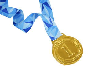 Golden medal with blue ribbon isolated on white 