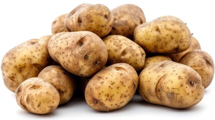 A pile of unpeeled potatoes on a white background, emphasizing their raw, natural state.