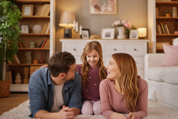 Happy family with little daughter lying on carpet in living room