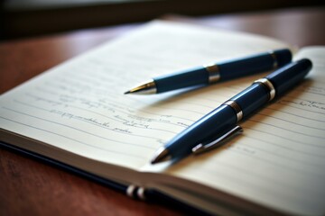 Close-up image of two luxurious blue pens on a notebook with cursive handwriting