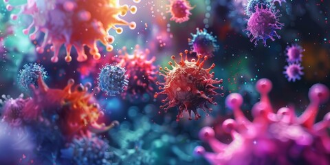 A close-up image of colorful viruses under a microscope