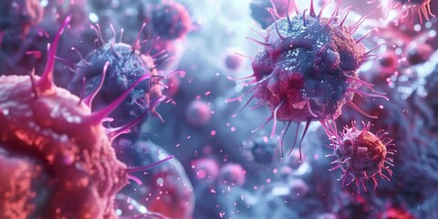 A microscopic image showing a cluster of colorful virus cells