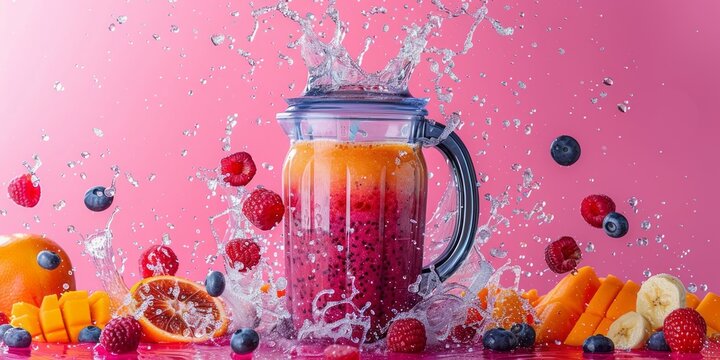 A blender filled with a vibrant, layered smoothie surrounded by fresh fruits and water splashing