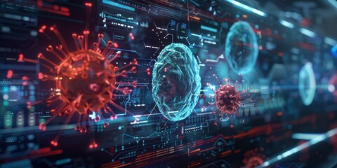 Obraz premium A digital rendering of virus particles in a technologically-themed environment