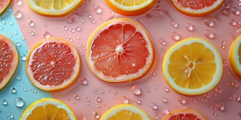 A close-up photo of sliced citrus fruit with water droplets on a pink and blue surface