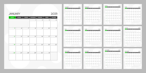 Monthly calendar green square planner schedule for 2025 year. Week Starts on Sunday