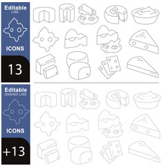 Set di icone della linea piatta del formaggio. Parmigiano, mozzarella, yogurt, olandese, ricotta, burro, illustrazioni vettoriali a pezzi di chees Segni di contorno per il negozio di prodotti