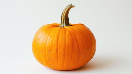 Obraz premium An orange pumpkin with its green stem intact on a clean white background, highlighting its freshness.