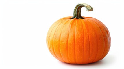 Obraz premium An orange pumpkin with its green stem intact on a clean white background, highlighting its freshness.