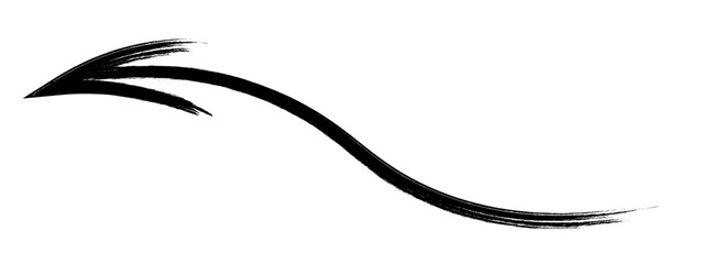The arrow is curved. Sketch. The black curly arrow points to the left. Hand drawn sign. Vector illustration. Directional signs made from brush strokes. Outline on isolated white background. 