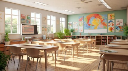 Fototapeta premium Bright school classroom with all chair facing forward