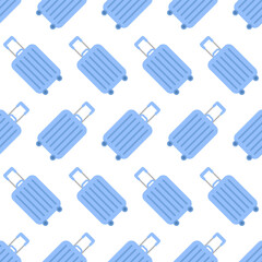 Seamless pattern with blue suitcases. Abstract repeating summer background for Traveling banner. Flat vector illustration isolated on white. Vacation or tourism concept