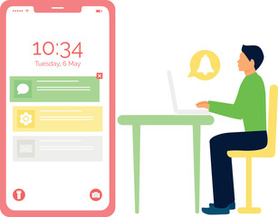 Boy is looking at notifications on mobile.