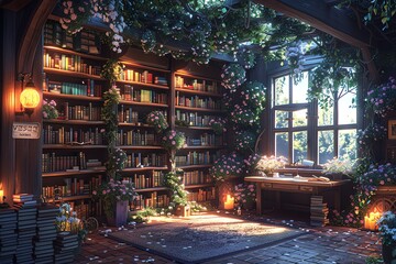 Enchanted library with bookshelves, flowers, and candles.