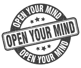 open your mind stamp. open your mind label. round grunge sign