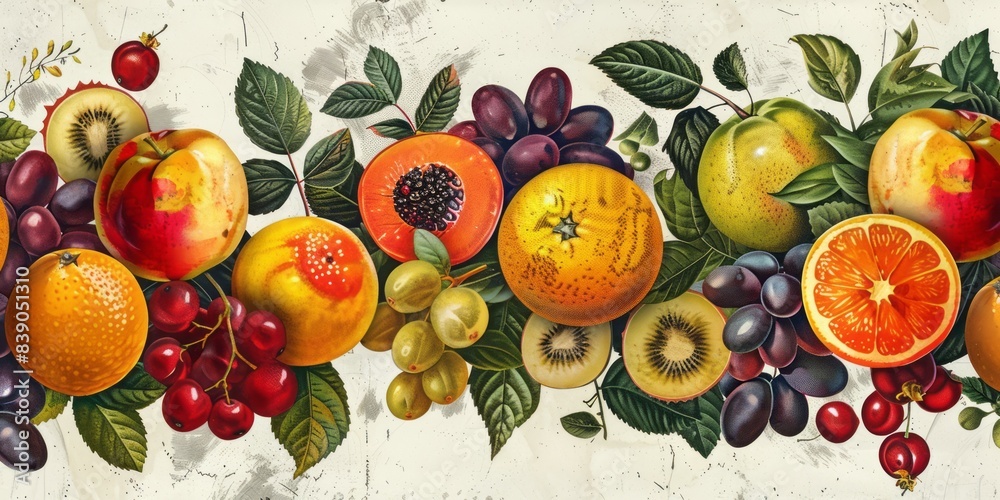 Wall mural A close-up of a vibrant still life featuring a variety of fresh fruits and grapes arranged on a white background