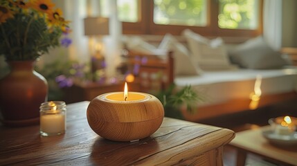 A lit wooden candle holder on a wooden table in a living room with a couch in the background