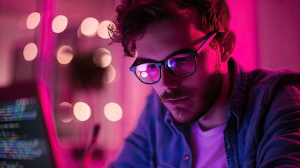 A programmer typing lines of code on his laptop, with a focused and determined expression.