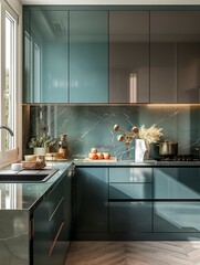 Light blue cabinet sink, modern and stylish apartment home kitchen interior