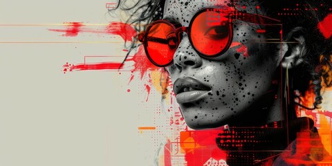 A close-up portrait of a woman wearing red sunglasses against an abstract digital art background