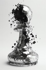 Surreal image of a glass pawn chess piece shattering into black fragments, representing fragility and destruction. High contrast on white background.