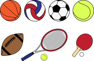 Collection of Vibrant Icons Depicting Popular Sports Equipment Like Balls and Rackets. Soccer, Basketball, Volleyball, Football Graphic Set. 