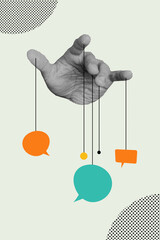 Composite collage image of hand hold springs speech bubble talking conversation manipulation...