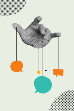 Composite collage image of hand hold springs speech bubble talking conversation manipulation billboard comics zine minimal