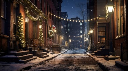 Fototapeta premium Christmas lights reflecting on a snowy street