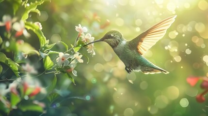 Bright hummingbird landing on a flower, detailed and realistic, forest bokeh background, sunlight dappling, high-res.