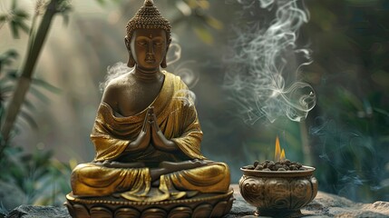 Buddha statue in golden robe on base, young novice bowing, incense burner in front, symbolizing wisdom and enlightenment,