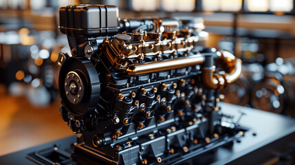 intricate anatomy of a car engine. reveals a complex arrangement of mechanical components, including pistons, valves, and other precision parts. metallic surfaces gleam under light, showcasing enginee
