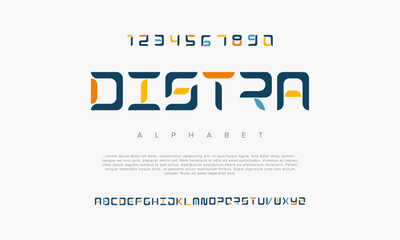 Distra creative geometric modern urban alphabet font. Digital abstract futuristic, fashion, sport, minimal technology typography. Simple numeric vector illustration