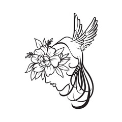 hand drawn woman face with flower and bird design