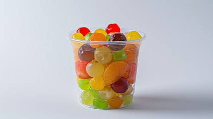 Clear plastic cup brimming with vibrant Kanom Look Choup, Thai imitation fruits, on a white background, ideal for promotion