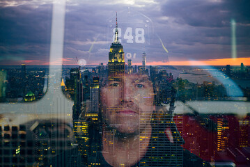 Portrait of confident firefighter with the reflected skyline of New York City, United States