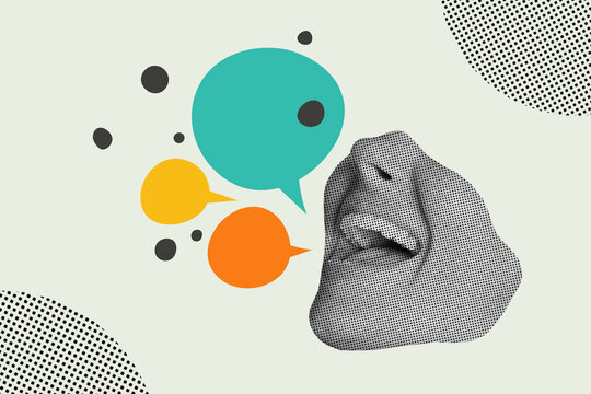 Creative trend collage of female head talking mouth speech bubble communication weird freak bizarre unusual fantasy