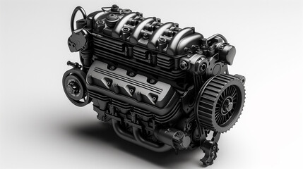 Car engine isolated on a white background. emphasizing its intricate assembly and mechanical design. Every component, from pistons to valves, is visible, highlighting precision and complexity of autom