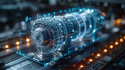 a three-dimensional holographic projection of an engine superimposed on a circuit board. conceptual fusion of mechanical engineering and information technology symbolizes innovation and precision. met