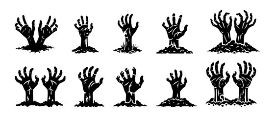 Zombie hand silhouette black filled vector Illustration icon. Collection of halloween silhouettes decorations icon and character. Witch, vampire, demon, creepy and spooky elements. 