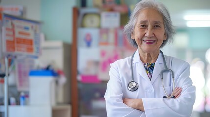 Elderly Southeast Asian Female Doctor in a Medical Office, Confidently Standing with a Stethoscope, Promoting Healthcare and Professionalism