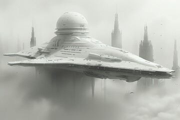 Futuristic spaceship hovering above a city in the clouds.